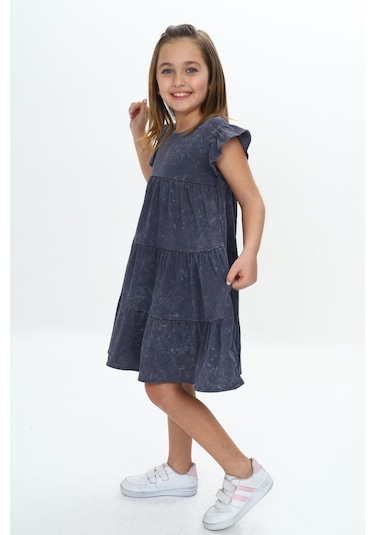 Toontoy Kız Çocuk Yıkamalı Elbise Füme