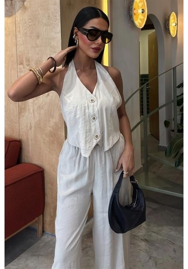 Halter Yaka Yelekli Modal Takım 10144 Altın