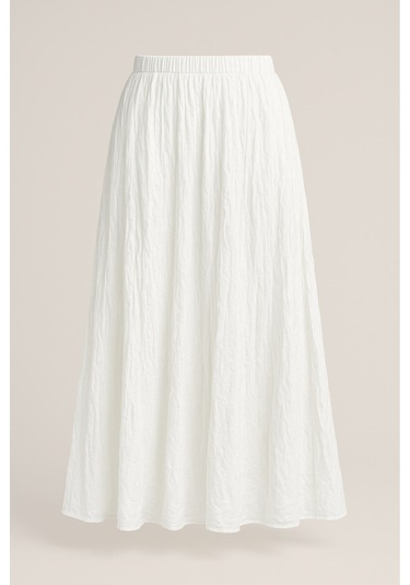 Ekru Mizalle Kırışık Görünümlü Saf Pamuk Beyaz Maksi Etek Beyaz