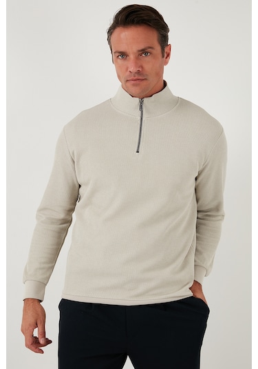 Buratti Pamuklu Regular Fit Yarım Fermuarlı Dik Yaka Erkek Sweat 5905716 Taş