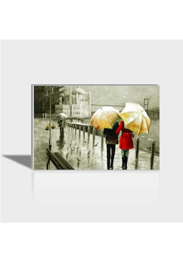 60X90Cm Yağlı Boya Ortaköy De Yağmurda Şemsiyeli Çift Büyük Tablo