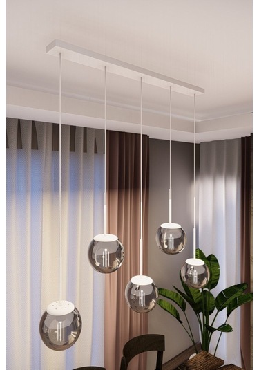 Dora Beyaz Metal Gövdeli 5'li Füme Cam Avize - Modern Sıralı Sark 1 ADET