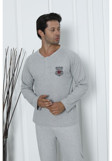 Falkom 5003 İnterlok Kalın Kışlık Çizgili Erkek Ev Pijama Takımı Gri