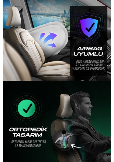 Bej - Bej Panda Sevılla Serısı Keten Kumaş Oto Koltuk Kılıfı - Tam Set