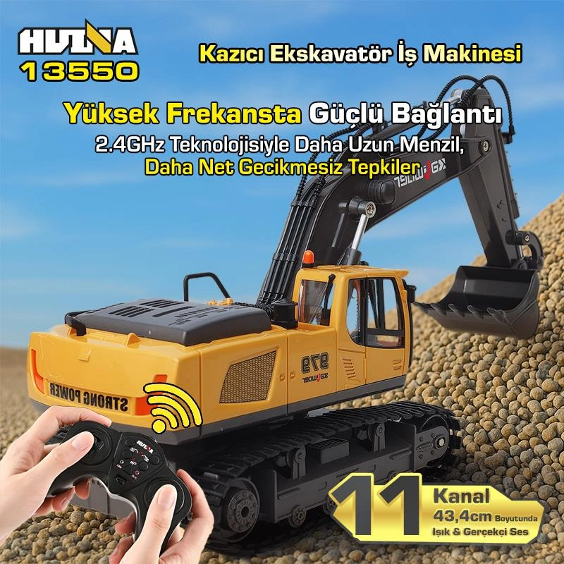 Huına Kaliwo 13550 1/18 11ch Kazıcı Ekskavatör İş Makinesi İnşaat Uzaktan Kumandalı Rc Model Metal Kepçeli Sarı - 2.4ghz Gerçekçi Similasyon Ses Ve Işık Sistemi
