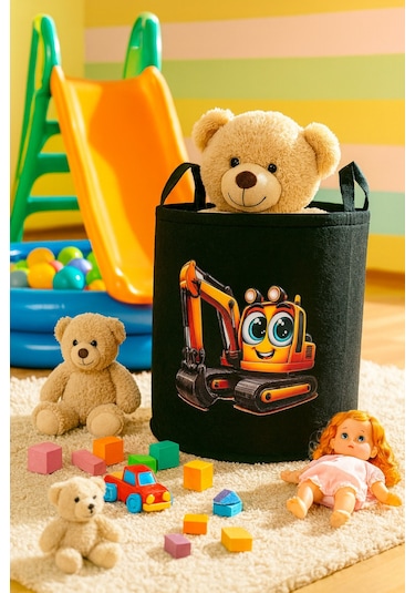 Siyah Keçe Oyuncak Sepeti Çizgi Film Kepçe Desenli, Katlanabilir Kulplu, Çocuk Odası Düzenleyici Siyah