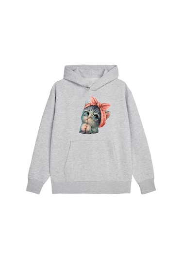 Fyk Kids Kapüşonlu Kedi Baskılı Sweatshirt Gri