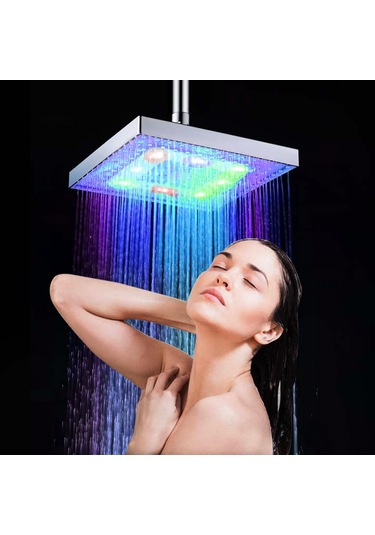 Hangfox 8 İnç Kare Led Duş Başlığı, Su Akışı İle Çalışır, Renkli Işık Ve Sıcaklık Tespiti Özelliği Rgb Gümüş