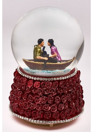Kar Küresi Gonca Buket Büyük 120 Mm El Boyaması, Müzikli Kendinden Üflemeli, Sandalda Sevgililer