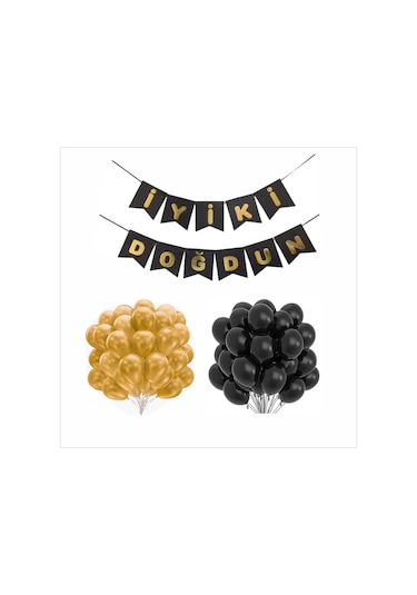 Siyah-gold Balon+banner Seti