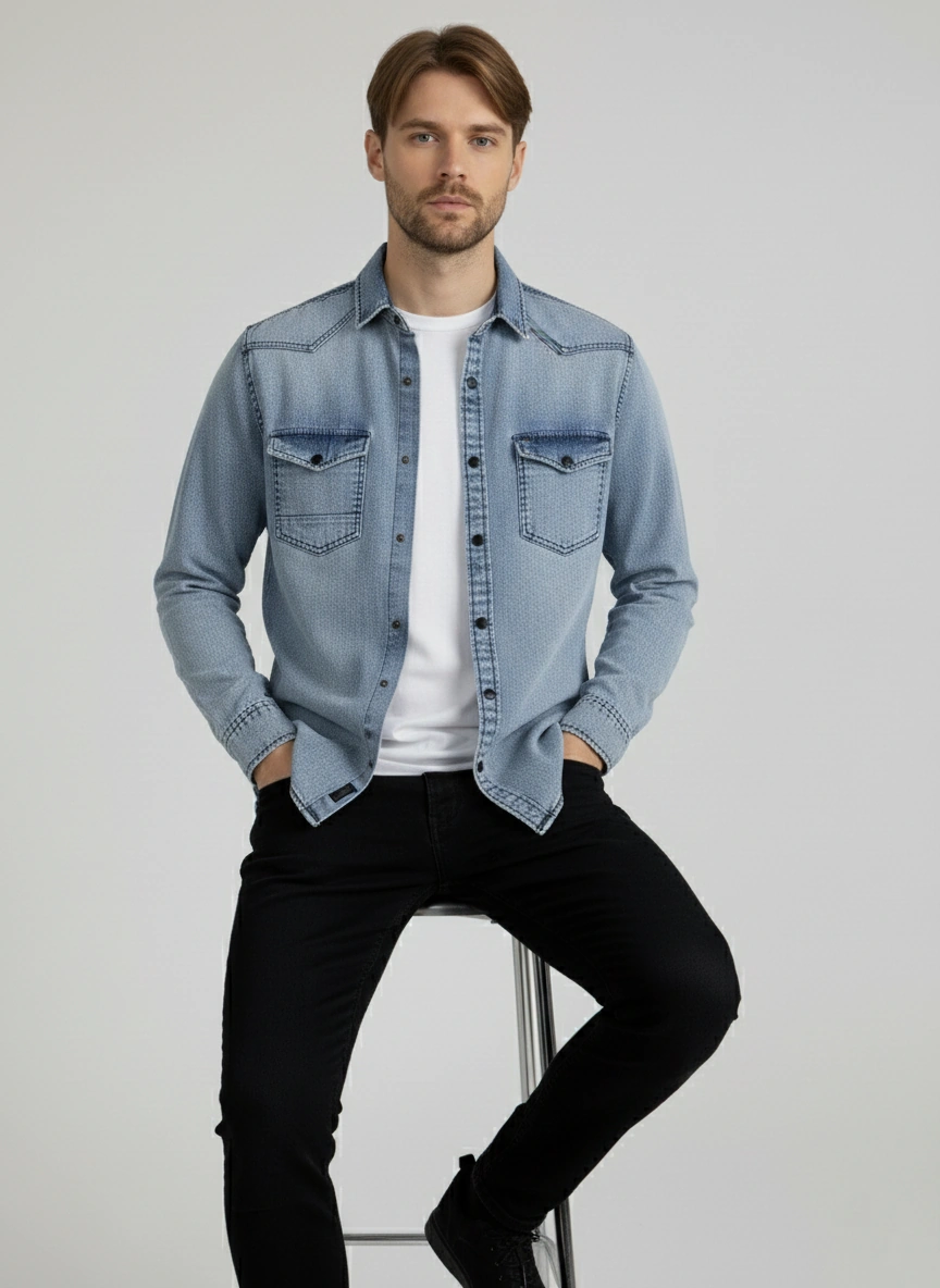 Erkek Gömlek Slim Fit Yıklamalı Kot Gömlek Mavi