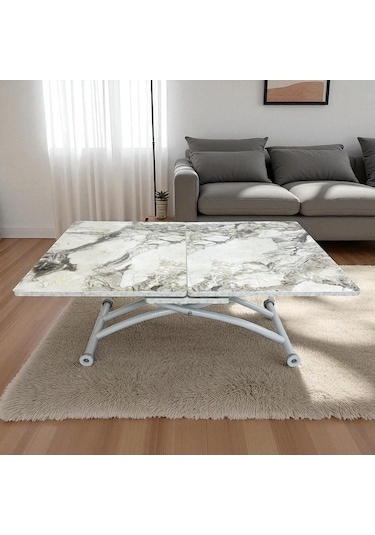 Ortadan Açılır Akıllı Masa Üst Mdf Beyaz Mermer Alt Ayak Beyaz