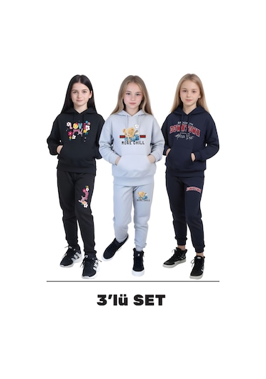 Fyk Kids 3'lü Kız Çocuk Kanguru Cepli Baskı Detaylı Eşofman Takımı Çok Renkli