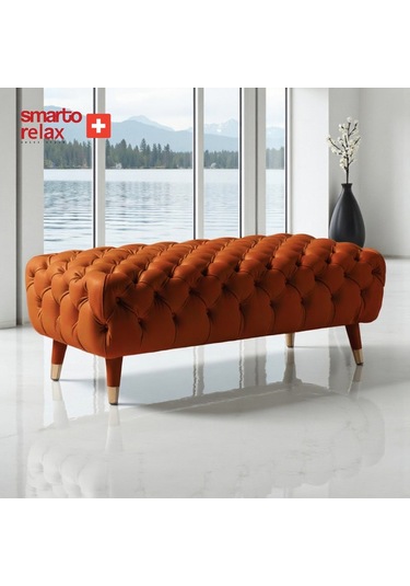 Smarto Relax Puf Adelboden Ahşap Ayaklı Kapitoneli 110x45x40 Cm Turuncu Turuncu