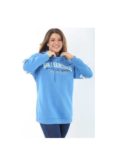 Kadın Büyük Beden Mavi İçi Şardonlu Üç İplik Kapşonlu Sweatshirt 65n37464-mavi Mavi