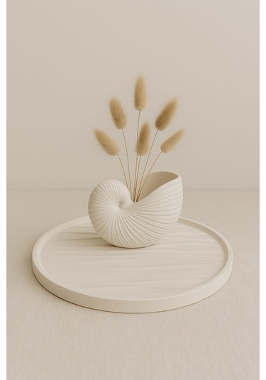 Yuvarlak Salyangoz Objeli El Yapımı Dekoratif Tepsi Beyaz