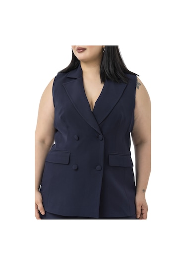 Büyük Beden Kaplama Düğmeli Yelek Pantolon Lacivert İkili Takım Lacivert