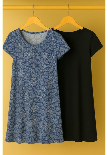 2 Adet Dökümlü Rahat Kalıp Günlük Penye Kumaş Elbise İndigo-siyah