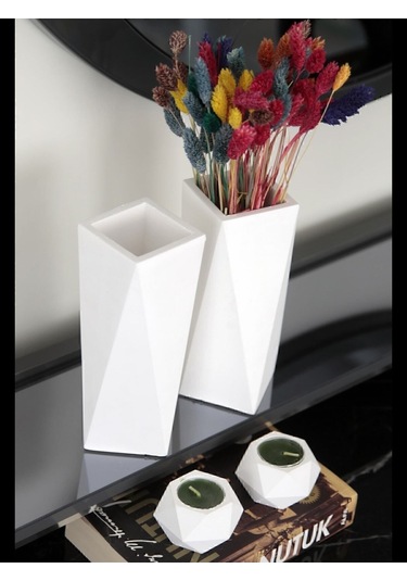 Geometrik Uzun Vazo 20 Cm Ve Geometrik Tealight Mumluk Set 4 Parça Ham Beyaz Beyaz