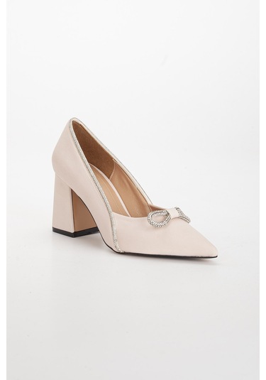 Saten Taşlı Kalın Topuk Ten Kadın Stiletto-2030-TEN