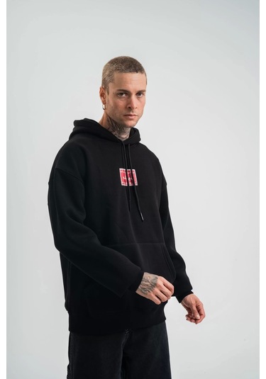 Double Oversize Kapşonlu Dijital Patchli Sweatshirt - Siyah