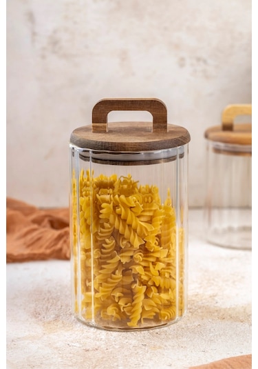 Qerhome Borosilikat Cam Optik Çizgili Akasya Kapaklı Kavanoz Zahire 2450 Ml Şeffaf