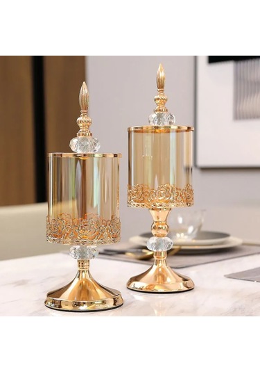 Monyee Modern Basit Stilde Metal Ve Kristal Cam Mumluk, Depolama Kavanozu, Dekorasyon - Fransız Altın, 29cm Büyük Boyut, Pembe Dantel Desenli, 3d Kesikli Kristal