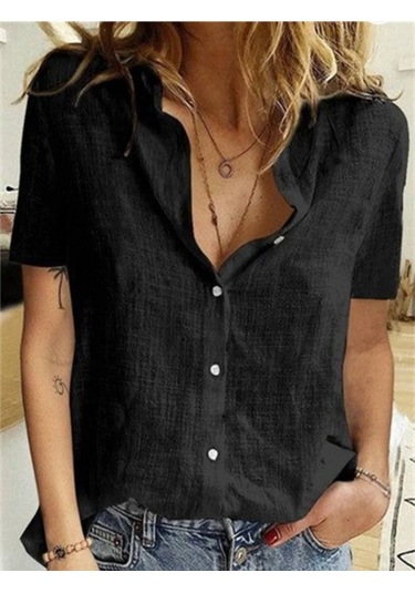 Kadın Kısa Kollu Basic Keten Gömlek Karışık Çok Renkli