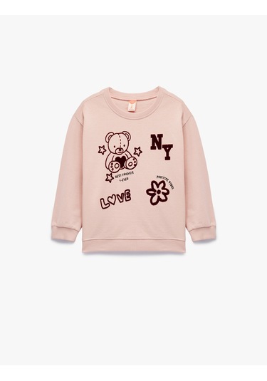 Koton Ayıcık Baskılı Uzun Kollu Bisiklet Yaka Pamuklu Sweatshirt Pembe 6wmg10072ak Gül