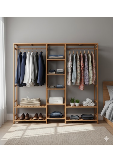 Ahşap Açık Gardırop Elbise Askılığı Kahverengi