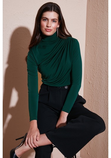 Lela Streç Büzgü Detaylı Slim Fit Dik Yaka Bayan Bluz 669925 Nefti