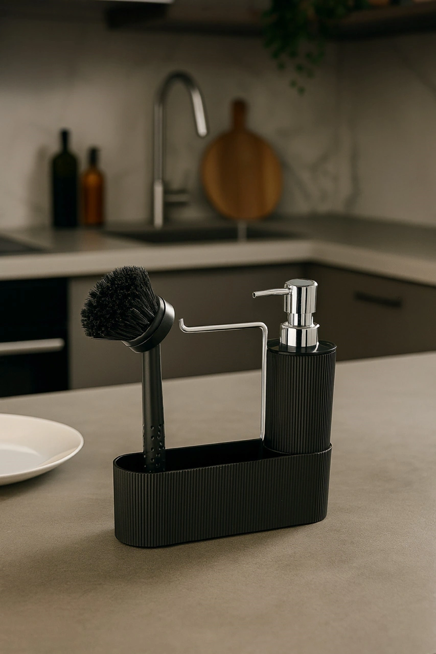 Mutfak Tezgahı Düzenleyici Set Sıvı Sabunluk Ve Bulaşık Fırçası Aparatlı Dc-6776 Siyah