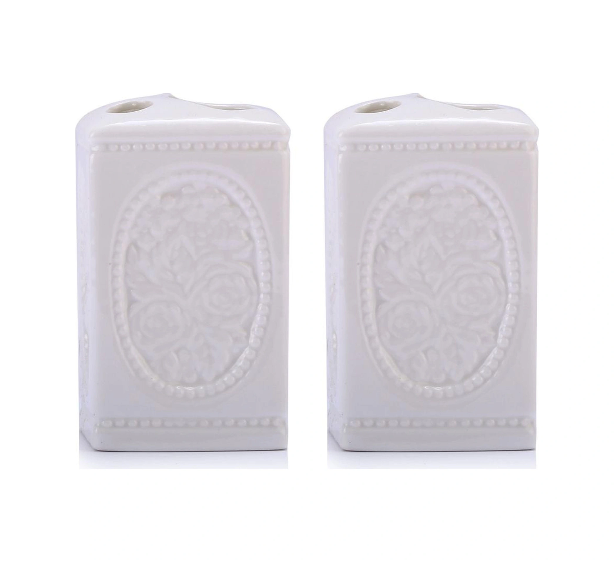 2 Adet Seramik Diş Fırçalık Çiçekli Kare Model 8x8x11cm Banyo Seti Çok Renkli