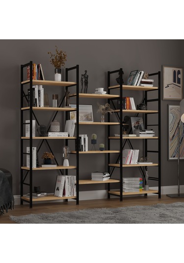 6 Raflı Metal Kitaplık Üç Modül-metalk03-safir Meşe