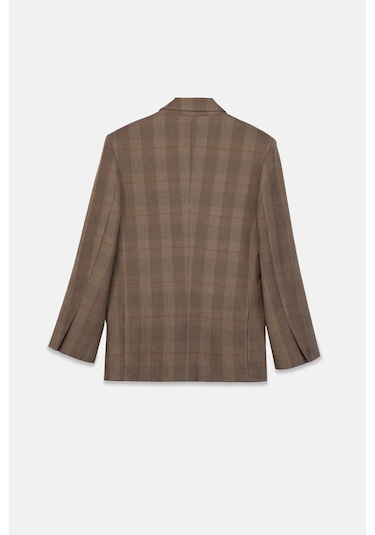 Kadın Kahverengi Ekoseli Oversize Blazer Kahverengi
