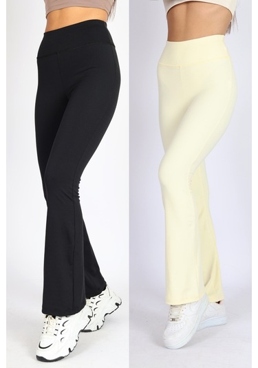 Soft&Basic Kadın 2'li İspanyol Paça Flare Yoga Tayt Pantalon Siyah-mavi