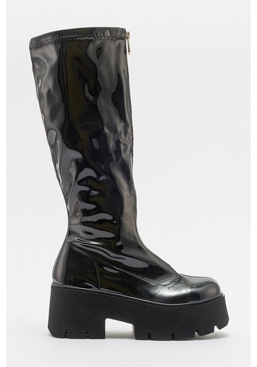 Luvishoes Amaronte Siyah Rugan Kalın Taban Kadın Çizme Siyah
