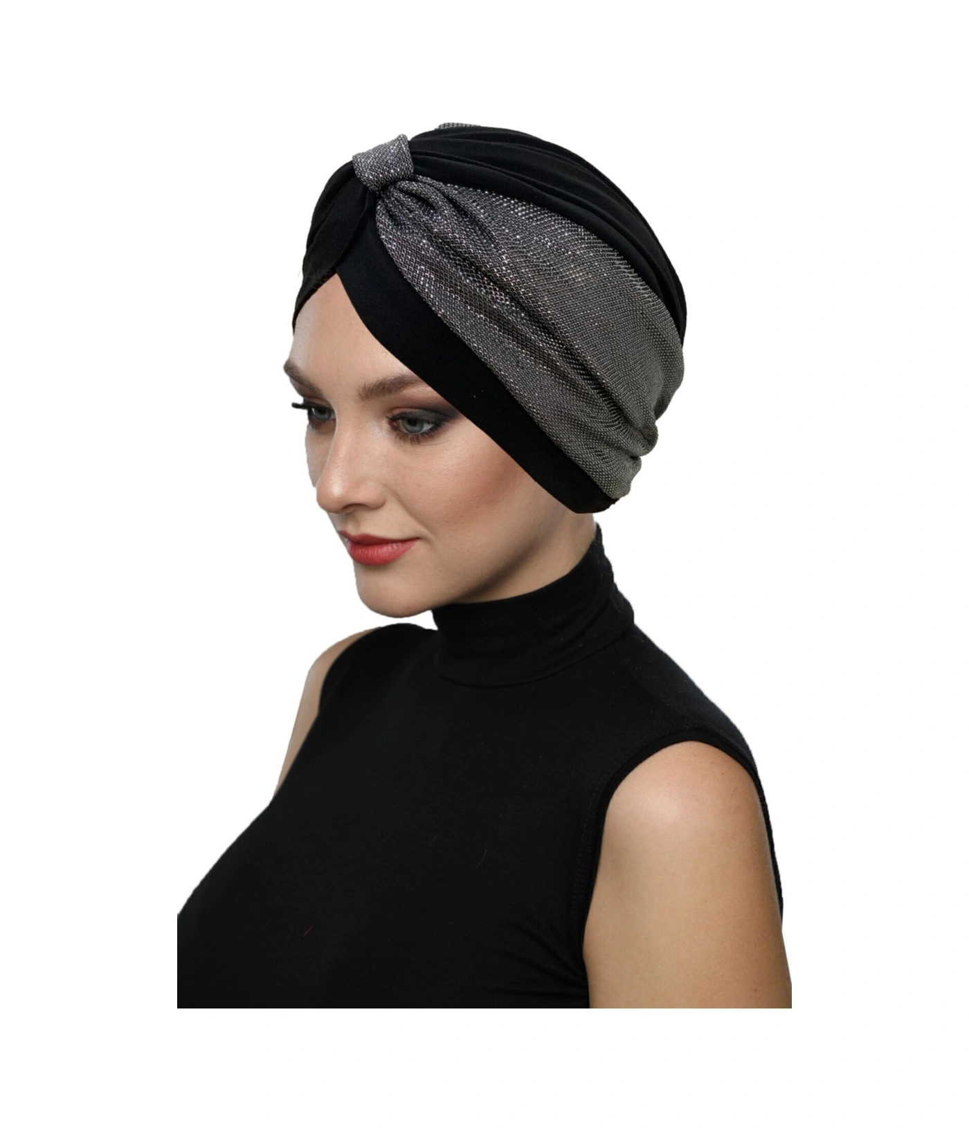 Özel Tasarım Siyah Üzeri Gümüş Pike Desenli Astarlı Hazır Türban Tesettür Abiye Bone Siyah10