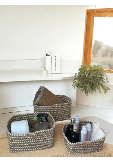 3'lü Hasır Görünümlü Düzenleyici Sepet - Leke Tutmaz - Kahverengi Kahverengi