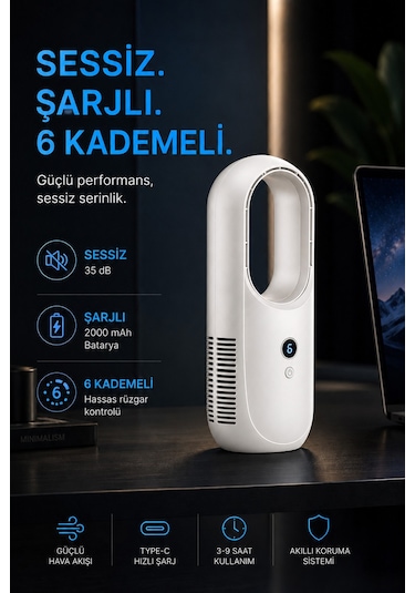 6 Kademeli Şarjlı Masa Vantilatörü Bıçaksız Modern Tasarım Masaüstü Taşınabilir Fan Beyaz F177