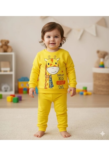 Kız Bebek Zürafa Baskılı Çıt Çıtlı Alt Üst İkili Gündelik Takım 6-18 Ay Sari