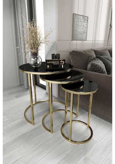 3'lü Zigon Sehpa Gold Ayak Siyah Ayna