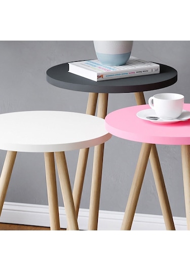 Renkli Üçlü Zigon Sehpa Ahşap Ayaklı Yuvarlak Pastel Tasarım Pembe Beyaz Gri