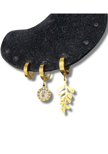 Üçlü Yapraklı Taşlı Gold Çelik Küpe