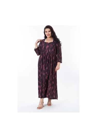 Kadın Büyük Beden Mürdüm Belden Büzgülü Kare Yaka Kapri Kollu Elbise 65n38247-mürdüm Mürdüm