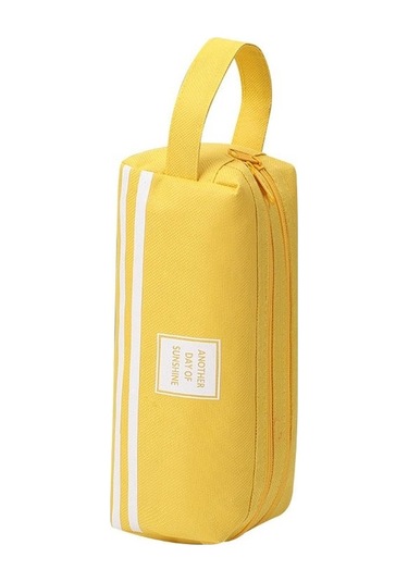 Pratik Ve Şık Çift Katmanlı Düz Renkli Kanvas Kalem Kutusu, Geniş Depolama Alanlı Öğrenci Ve Ofis Kullanımı İçin Taşınabilir Kırtasiye Çantası, Çok Amaçlı Kalemlik Ve Organizer Sarı