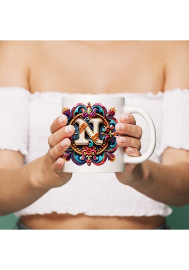 N Harfi Boho Bardak, Renkli Özel Tasarım Hediyelik Harfli Kupa, 330ml Porselen Beyaz