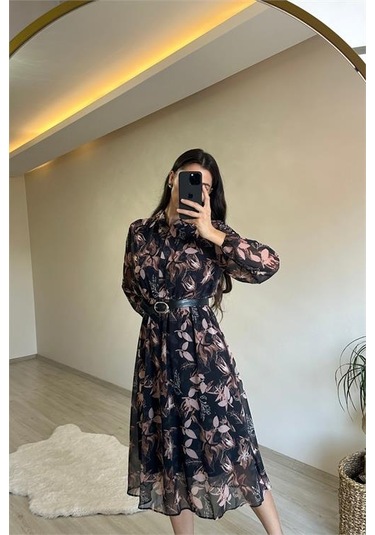 Neşeli Butik Kadın Desenli Gömlek Yaka Midi Elbise Nm011 Siyah