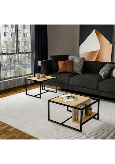 Batı 2 Li Modern Orta Sehpa Takımı Metal Ayaklı, Alt Raflı Safir Meşe