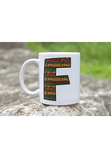F Harfi Etnik Desenli Kupa - Afrika Tarzı Kahve Çay Kupası - Hediyelik - Black History Beyaz
